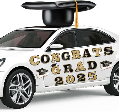 2025 تخرج زينة سيارة 23 '' كبيرة قابلة للنفخ في CAP CAP Decors تهانينا رسائل GRADRES BULK CLASS من 2025 PVC قابلة للنفخ في المدارس الثانوية العليا الحفلة الحفلة ديكورز (الأسود ، الذهب) in Kuwait