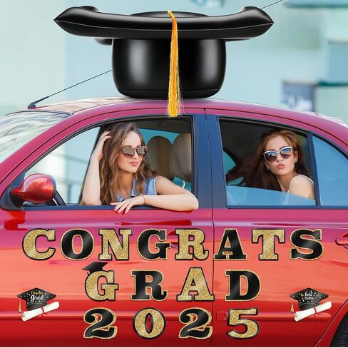 2025 تخرج زينة سيارة 23 '' كبيرة قابلة للنفخ في CAP CAP Decors تهانينا رسائل GRADRES BULK CLASS من 2025 PVC قابلة للنفخ في المدارس الثانوية العليا الحفلة الحفلة ديكورز (الأسود ، الذهب) in Kuwait