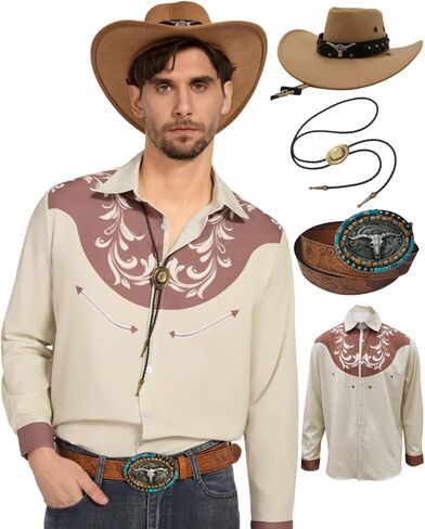 4PCS Cowboy Costume Outfit for Men Western Shirt Cloth Vintage Long Sleeve with Hat Belt Accessories in Saudi Arabia
