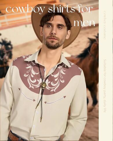 4PCS Cowboy Costume Outfit for Men Western Shirt Cloth Vintage Long Sleeve with Hat Belt Accessories in Saudi Arabia