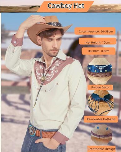 4PCS Cowboy Costume Outfit for Men Western Shirt Cloth Vintage Long Sleeve with Hat Belt Accessories in Saudi Arabia
