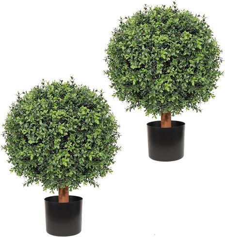 26 Inch Artificial Topiary Boxwood Ball Trees Outdoor – Set of 2 UV Resistant Faux Boxwood Topiary, Fake Potted Shrubs Evergreen for Front Door Porch Patio Balcony Home Decoration in Saudi Arabia