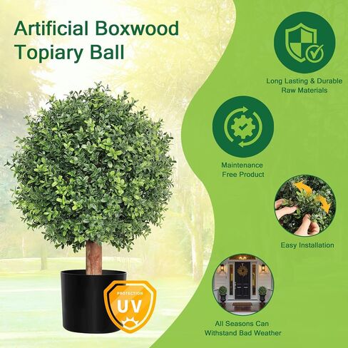 26 Inch Artificial Topiary Boxwood Ball Trees Outdoor – Set of 2 UV Resistant Faux Boxwood Topiary, Fake Potted Shrubs Evergreen for Front Door Porch Patio Balcony Home Decoration in Saudi Arabia