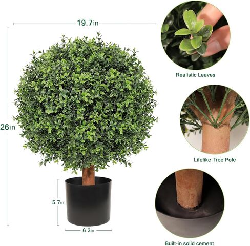 26 Inch Artificial Topiary Boxwood Ball Trees Outdoor – Set of 2 UV Resistant Faux Boxwood Topiary, Fake Potted Shrubs Evergreen for Front Door Porch Patio Balcony Home Decoration in Saudi Arabia