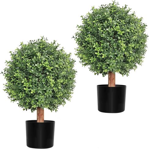 26 Inch Artificial Topiary Boxwood Ball Trees Outdoor – Set of 2 UV Resistant Faux Boxwood Topiary, Fake Potted Shrubs Evergreen for Front Door Porch Patio Balcony Home Decoration in Kuwait