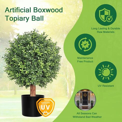 26 Inch Artificial Topiary Boxwood Ball Trees Outdoor – Set of 2 UV Resistant Faux Boxwood Topiary, Fake Potted Shrubs Evergreen for Front Door Porch Patio Balcony Home Decoration in Kuwait