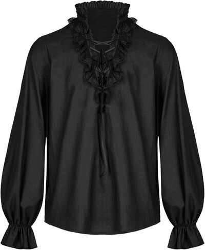 Runcati Mens Ruffle Pirate Shirts Lace Medieval Renaissance Vampire Poet Shirt Gothic Steampunk Victorian Costume in Kuwait