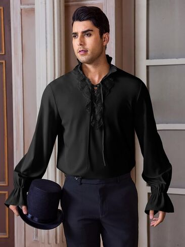 Runcati Mens Ruffle Pirate Shirts Lace Medieval Renaissance Vampire Poet Shirt Gothic Steampunk Victorian Costume in Kuwait