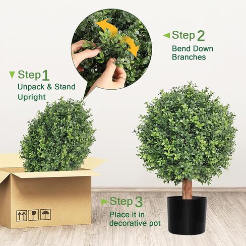 26 Inch Artificial Topiary Boxwood Ball Trees Outdoor – Set of 2 UV Resistant Faux Boxwood Topiary, Fake Potted Shrubs Evergreen for Front Door Porch Patio Balcony Home Decoration in Kuwait