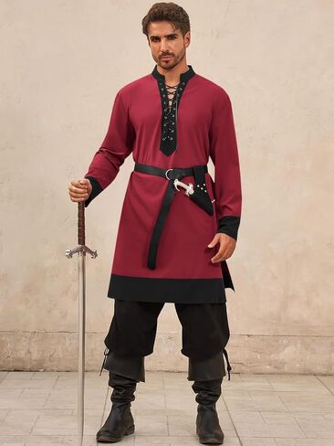 Runcati Mens Medieval Pirate Shirt Renaissance Viking Knight Warrior Tunic Tops Lace Up LARP Halloween Costume in Kuwait