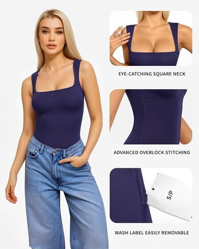 MANGOPOP Women's Square Neck Tank Top Bodysuit Sexy Double Lined Sleeveless Thong Body Suits Going Out Tops in Saudi Arabia