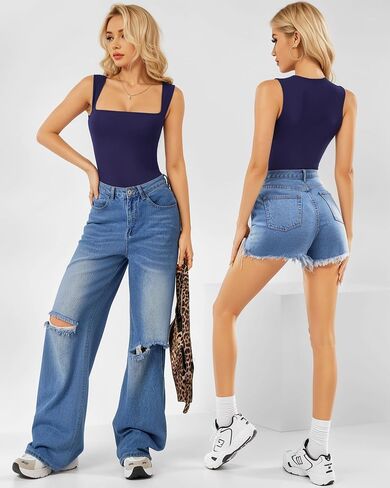 MANGOPOP Women's Square Neck Tank Top Bodysuit Sexy Double Lined Sleeveless Thong Body Suits Going Out Tops in Saudi Arabia