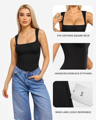 MANGOPOP Women's Square Neck Tank Top Bodysuit Sexy Double Lined Sleeveless Thong Body Suits Going Out Tops in Kuwait