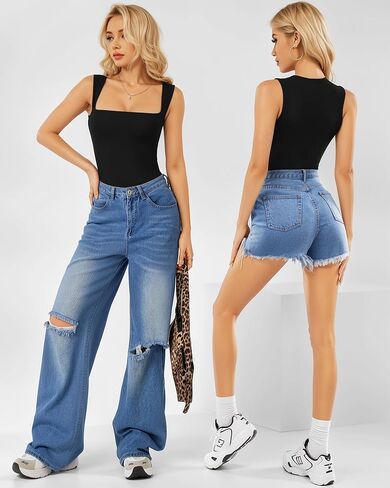 MANGOPOP Women's Square Neck Tank Top Bodysuit Sexy Double Lined Sleeveless Thong Body Suits Going Out Tops in Kuwait