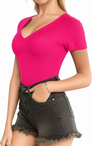 MANGOPOP V Neck Bodysuits for Women Short Sleeve Body Suits Basic Top Casual Shirt in Saudi Arabia