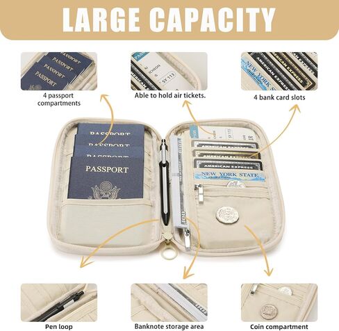 Travel Passport Wallet, Large Family Passport Holder for Men Women RFID Passport Cover Lightweight Portable Document Organizer with Wrist Strap & Neck Lanyard (Beige) in Saudi Arabia