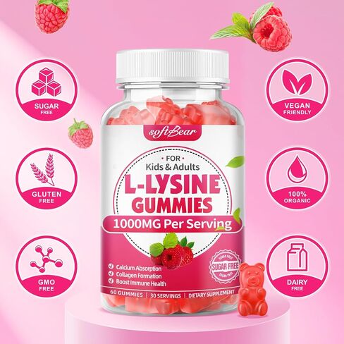 softbear L-Lysine Gummies for Adults & Kids, L Lysine 1000mg Chewable Lysine Supplement for Lips & Oral Health, Immune & Collagen Support, Vegan, Non GMO, Gluten-Free, Raspberry Flavor 120 Count in Kuwait