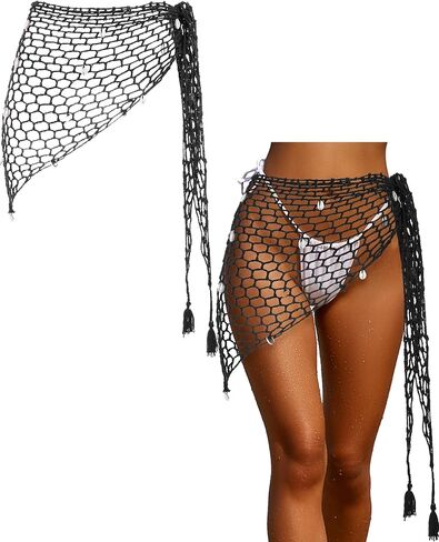 Geyoga Women Crochet Cover up Skirt Triangle Shawl Mermaid Skirt Hollow Out Swimwear Shell Beach Fishnet Skirt Wrap in Kuwait