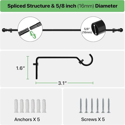 Curtain Rods for Windows 28 to 48 inch, 5/8 inch Black Curtain Rod Set with Brackets, Adjustable Metal Drapery Rod for Bedroom, Kitchen, Living Room, Matte Black in Kuwait