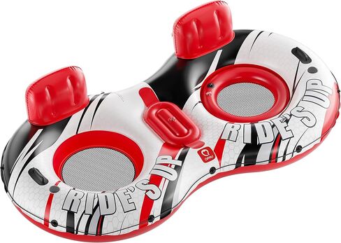 QPAU Inflatable Double River Tube, 2 Person 660lb Capacity, Puncture-Resistant 93" Sturdy Heavy Duty River Float, River Raft with Ergonomic Backrest, Cooler & Cup Holders for Family in Kuwait