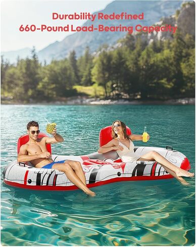 QPAU Inflatable Double River Tube, 2 Person 660lb Capacity, Puncture-Resistant 93" Sturdy Heavy Duty River Float, River Raft with Ergonomic Backrest, Cooler & Cup Holders for Family in Kuwait