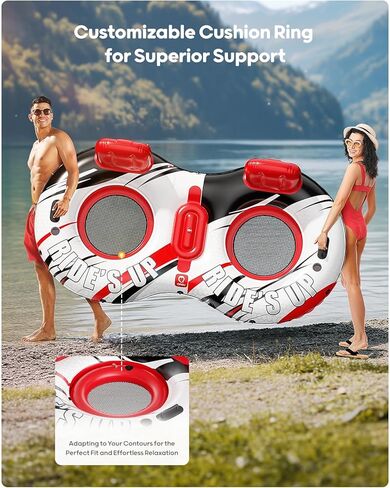 QPAU Inflatable Double River Tube, 2 Person 660lb Capacity, Puncture-Resistant 93" Sturdy Heavy Duty River Float, River Raft with Ergonomic Backrest, Cooler & Cup Holders for Family in Kuwait