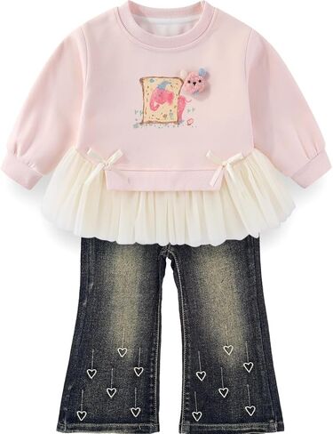 Peacolate 2-7T Spring Fall Little Girls 2pcs Clothing Set Long Sleeve T Shirt and Boot-cut Jeans in Kuwait