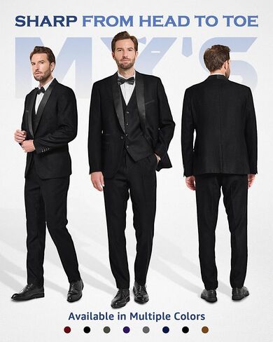 MY'S Mens 3-Piece Suit Shawl Lapel One Button Tuxedo Slim Fit Dinner Jacket Vest Pants & Tie Set in Saudi Arabia