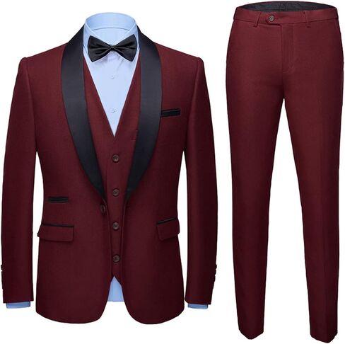 MY'S Mens 3-Piece Suit Shawl Lapel One Button Tuxedo Slim Fit Dinner Jacket Vest Pants & Tie Set in Kuwait