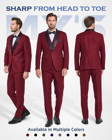 MY'S Mens 3-Piece Suit Shawl Lapel One Button Tuxedo Slim Fit Dinner Jacket Vest Pants & Tie Set in Kuwait