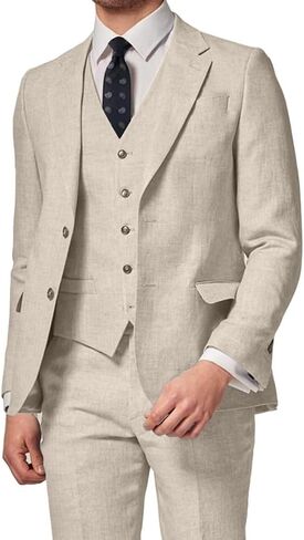 3 Piece Summer Linen Suits for Men, Men's Slim Fit Suit Set Two Buttons Casual Solid Blazers Vest Pants Set for Wedding Party in Saudi Arabia