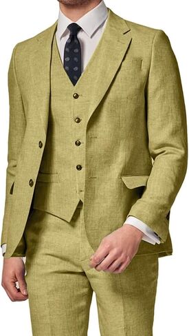 3 Piece Summer Linen Suits for Men, Men's Slim Fit Suit Set Two Buttons Casual Solid Blazers Vest Pants Set for Wedding Party in Saudi Arabia