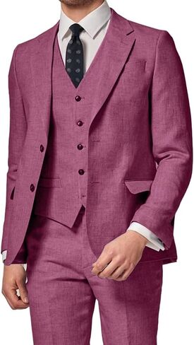 3 Piece Summer Linen Suits for Men, Men's Slim Fit Suit Set Two Buttons Casual Solid Blazers Vest Pants Set for Wedding Party in Saudi Arabia