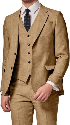 3 Piece Summer Linen Suits for Men, Men's Slim Fit Suit Set Two Buttons Casual Solid Blazers Vest Pants Set for Wedding Party in Saudi Arabia