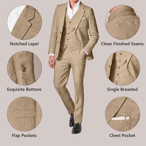 3 Piece Summer Linen Suits for Men, Men's Slim Fit Suit Set Two Buttons Casual Solid Blazers Vest Pants Set for Wedding Party in Saudi Arabia