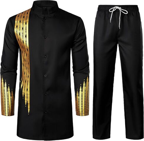 ZEROYAA Men's Traditional Suit Long Sleeve Button up African Dashiki Shirt and Pants Ethnic 2 Piece Outfit in Saudi Arabia