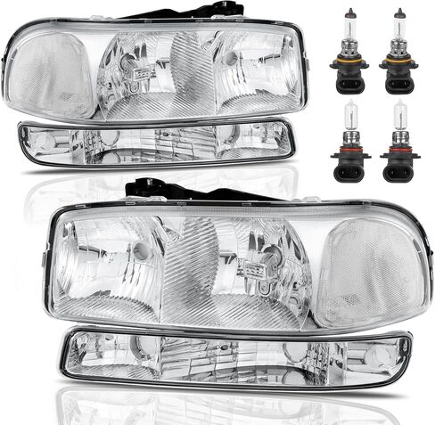 Headlight Assembly Front Lamp Compatible with 1999-2006 GMC Sierra 1500 2500, 2000-2006 GMC Yukon Headlamp w/Bulb Chrome Housing/Clear Lens/Clear Corner in Kuwait
