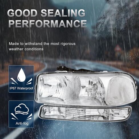 Headlight Assembly Front Lamp Compatible with 1999-2006 GMC Sierra 1500 2500, 2000-2006 GMC Yukon Headlamp w/Bulb Chrome Housing/Clear Lens/Clear Corner in Kuwait