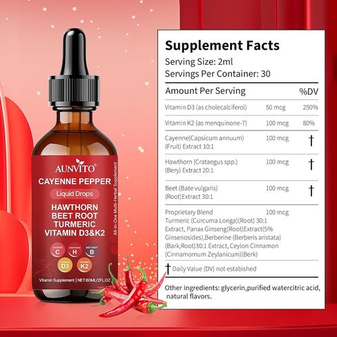 Cayenne Pepper Drops 2000mg | with Hawthorn & Beet Root for Blood Flow Support | Natural Cardiovascular Supplement | Alcohol-Free & Vegan Liquid Drops (1PCS) in Saudi Arabia