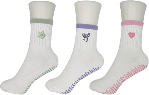 Cute Non-Slip Crew Socks with Embroidered Design - Anti-Skid Yoga, Pilates, Lagree, Barre, Dance - Socks with Grips in Kuwait
