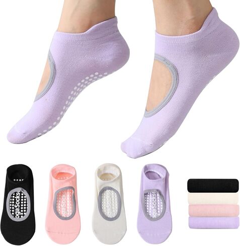 Pilates Socks with Grips for Women,Non Slip Socks,Yoga Socks 4 Pairs for Pilates, Barre, Hospital, Workout,Gifts in Kuwait