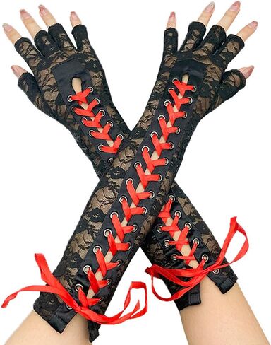Women's Lace Up Half Finger Gloves Lace Elbow Length Arm Warmers in Kuwait