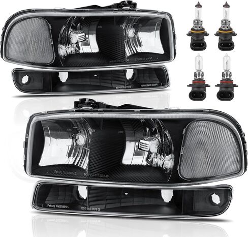 Headlight Assembly Front Lamp Compatible with 1999-2006 GMC Sierra 1500 2500, 2000-2006 GMC Yukon Headlamp w/Bulb Chrome Housing/Clear Lens/Clear Corner in Kuwait