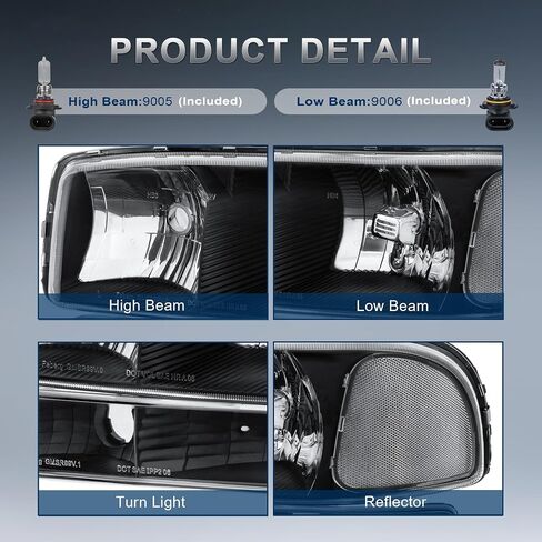 Headlight Assembly Front Lamp Compatible with 1999-2006 GMC Sierra 1500 2500, 2000-2006 GMC Yukon Headlamp w/Bulb Chrome Housing/Clear Lens/Clear Corner in Kuwait
