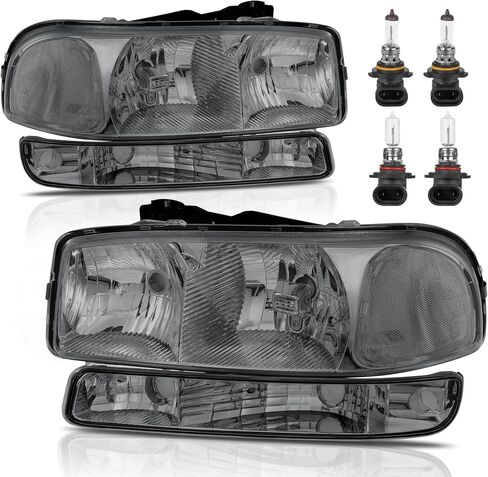 Headlight Assembly Front Lamp Compatible with 1999-2006 GMC Sierra 1500 2500, 2000-2006 GMC Yukon Headlamp w/Bulb Chrome Housing/Clear Lens/Clear Corner in Kuwait