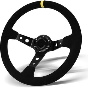 Universal Racing Steering Wheel,13.6" Grip Suede Deep Dish 6 Bolts Gaming Steering Wheel Nubuck leather with Horn Button for Race/Rally/Motorsport/Car Sim Driving-Black
