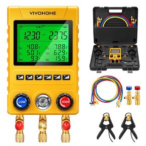 VIVOHOME Digital HVAC Manifold Gauge Set, Refrigeration AC Gauges with 2 Wired Temperature Clamp Probes and 3 Hoses, Pressure and Temp Test, for R134a R410a R32 1234yf Refrigerant Recharge Kit