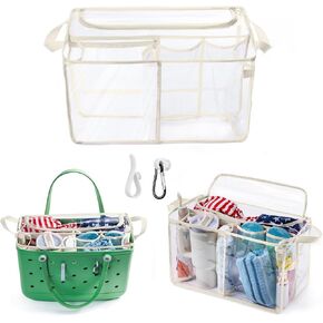 Amoigee Clear Beach Bag Organizer insert with Zipper Closure LID و 3pcs accessories for Bogg Bag XL - Tote Insert Bag Divider مع حامل النظارات الشمسية ، ومقاطع السنانير