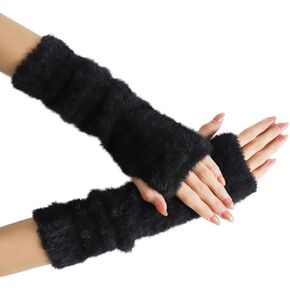 Velevt Arm Warmers for Women Winter Cute Fingerless Gloves Knit Fluffy Gloves Wrist Warmer with Thumb Hole