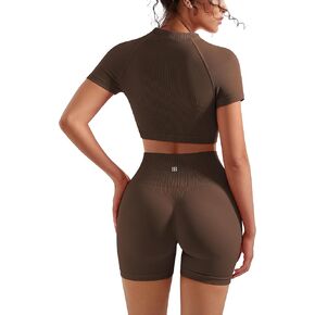 Suuksess Women 2 قطعة تمرين مجموعات خفية بعقب Scrunch لرفع راكب الدراجة النارية قصيرة الأكمام قمم المحاصيل